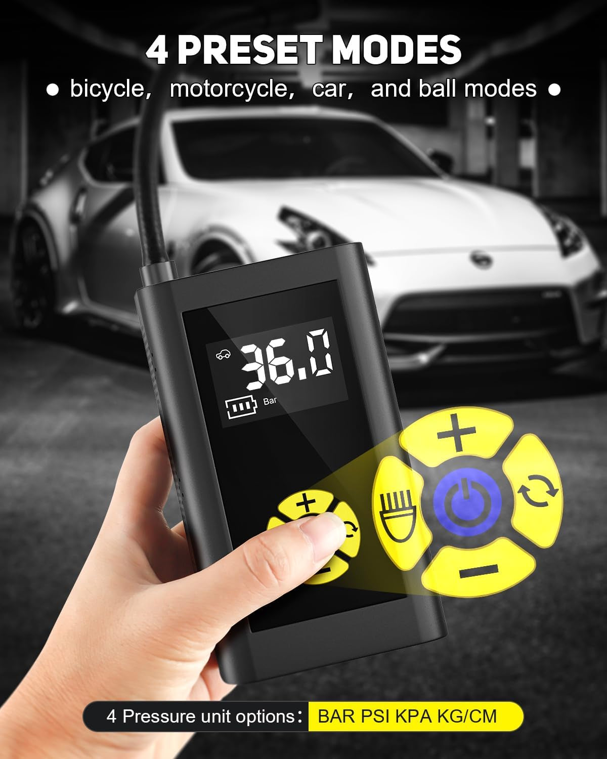 150PSI Portable Tire Inflator - Rechargeable Air Compressor for Cars, Bikes, Motorcycles, Balls, with LED Emergency Light & Flashlight
