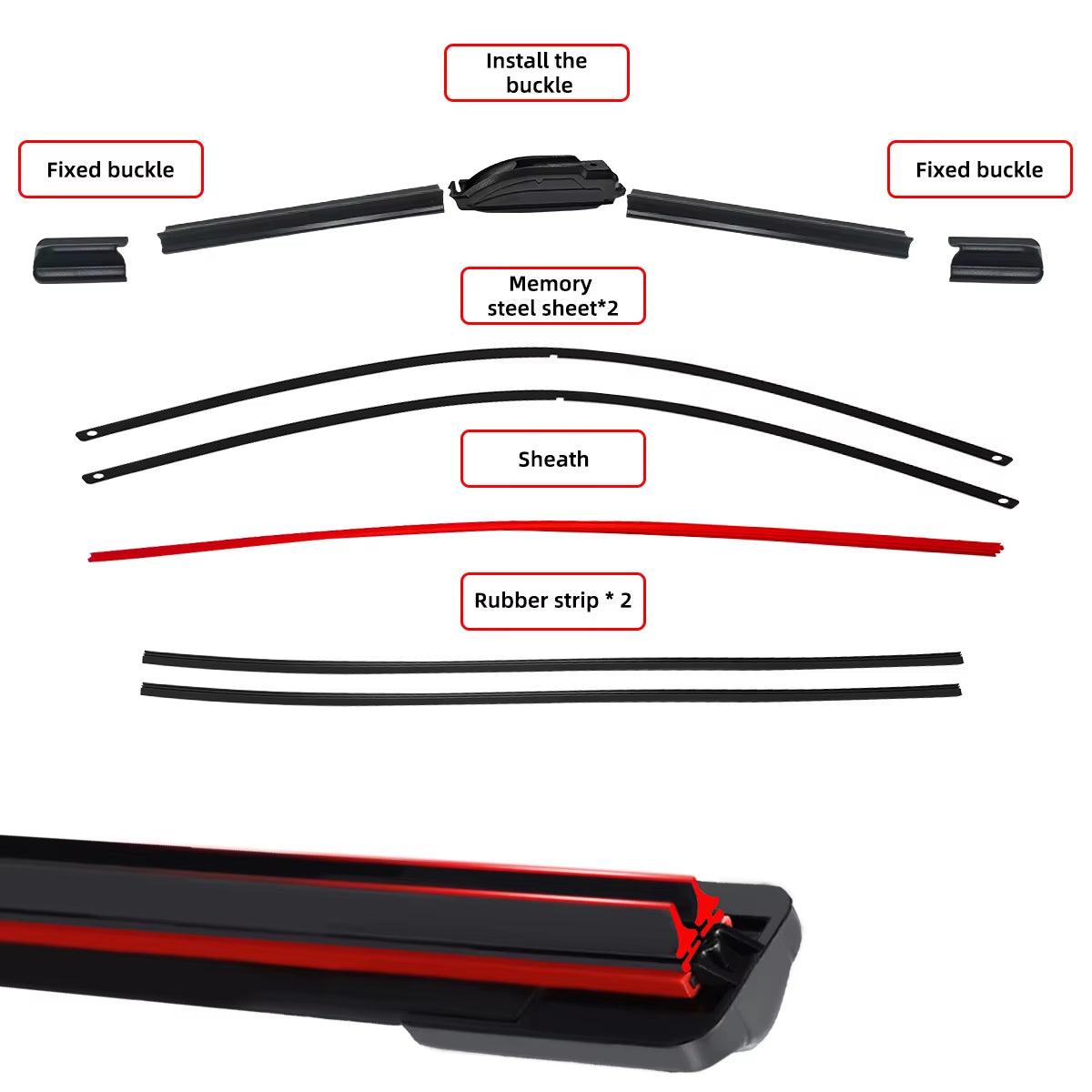 Automotive Universal J/U Hook Double Rubber Strip Wiper Blade Boneless Wiper Blade 14 "16" 18 "19" 20 "21" 22 "24" 26“