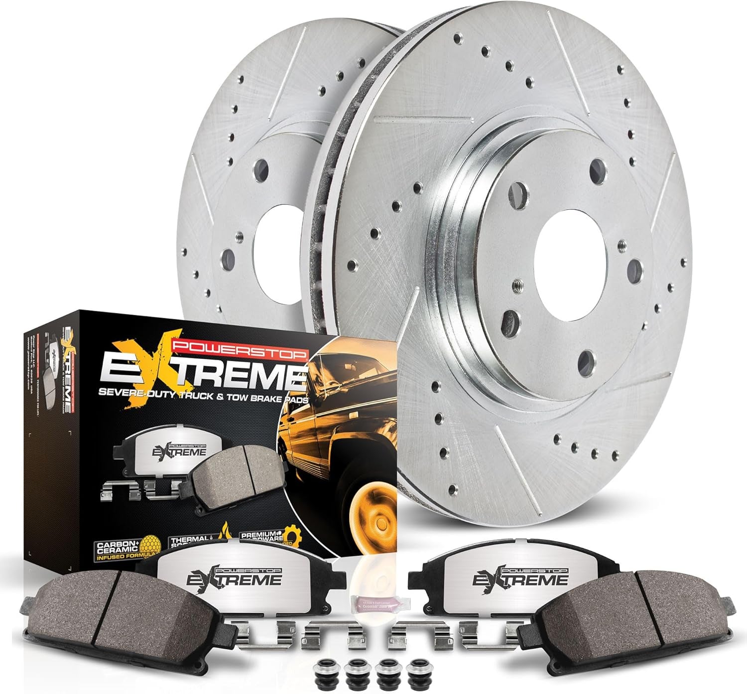 Front Brake Kit for Ford F-450 Super Duty 1999-04 |F-550 Super Duty 1999-04 |E-550 Super Duty 2003 - Truck & Tow Carbon Fiber Ceramic Brake Pads + Drilled & Slotted Rotors Upgrade, K5185-36