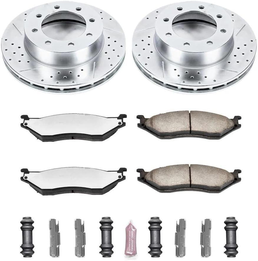 Front Brake Kit for Ford F-450 Super Duty 1999-04 |F-550 Super Duty 1999-04 |E-550 Super Duty 2003 - Truck & Tow Carbon Fiber Ceramic Brake Pads + Drilled & Slotted Rotors Upgrade, K5185-36