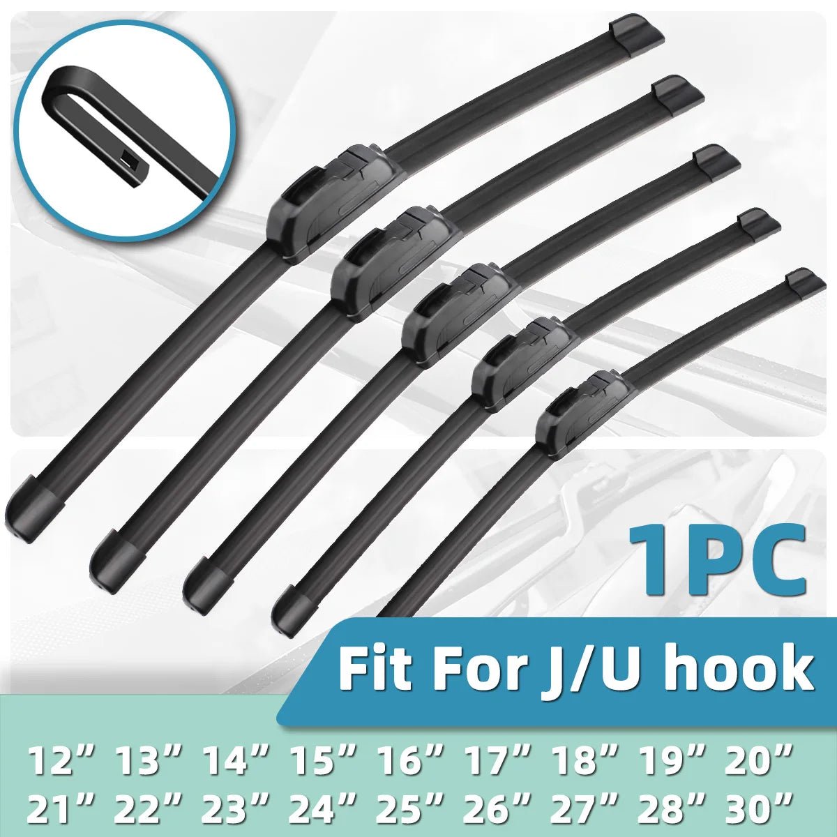 1PC of Car Windshield Wiper Blade J/U Universal Soft Rubber All Season Boneless Car Wiper Blade 12 "13" 14 "15" 16 "17" 18 "19"