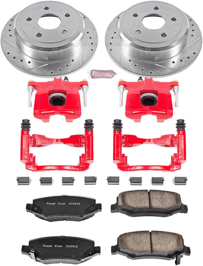Rear Brake & Caliper Kit for Jeep Wrangler 2007-17 | Jeep Wrangler JK 2018 - Carbon-Fiber Ceramic Brake Pads + Drilled & Slotted Rotors + Red Powder Coated Calipers, KC3090